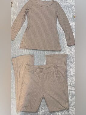 SHEIN Neutral Ribbed Knit Loungewear Set - Beige